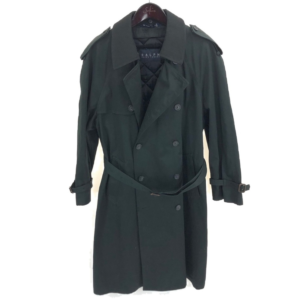Ralph Lauren Solid Black Trench Coat 42R Removable Lining Wool Blend